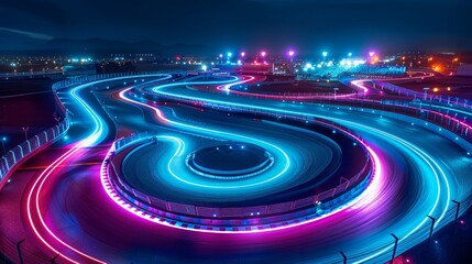 Night race track illuminated with vibrant lights, showcasing speed and excitement
