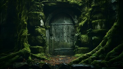 A wooden door slightly ajar, leading into a lush forest. - Powered by Adobe
