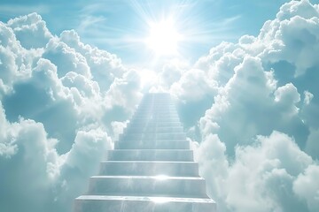 Heavenly stairway climbing through clouds. Bright light at the top of stairs. Perfect for abstract, conceptual, spiritual themes. Created with a visually soothing and ethereal style. Generative AI