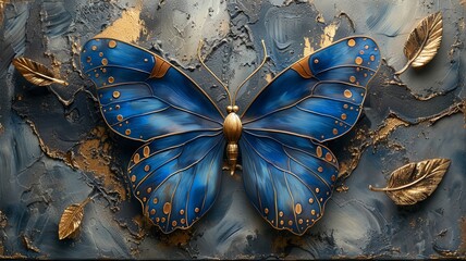 Refined Blue and Gold Butterflies on Embossed Background, Lavish Art Decor