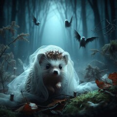 Obraz premium ghost hedgehog, otherworld, horror, mysticism, gloomy background, mystical forest, glowing mushrooms