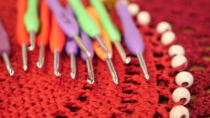 Colorful Crochet Hooks, Red Doily with Beads Supplies for various textile projects