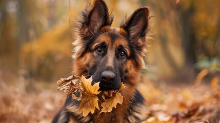 A young German Shepherd dog holding leaves in its mouth and doing a charming head tilt pose