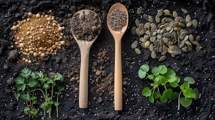 Flat lay of gardening essentials with seeds and soil in a serene arrangement