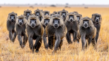 Fototapeta premium A band of baboons traverses a expansive, dry grassy field Amidst the landscape, a sizable assembly of additional baboons resides in the field's center,