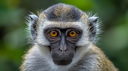 Obraz premium A monkey's face, tightly framed, surrounded by a green, leafy foreground with a blurred background
