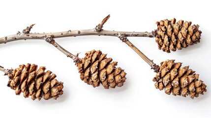 Isolated Alder Cones with Dry Twig on White Background viewed from the top