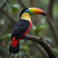 Obraz premium Keel-billed Toucan, Ramphastos sulfuratus, bird with big bill. Toucan sitting on branch in the forest, Guatemala. Nature travel in Costa Rica. 