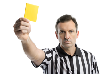 the referee in black holds up a yellow card isolated on background