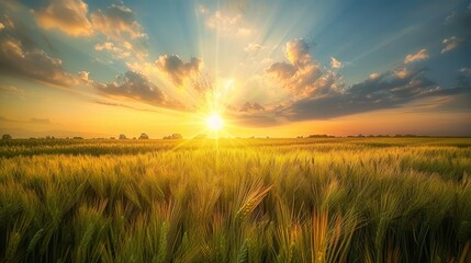 Sunset in agricultural fields with barley corn soybeans or sorghum