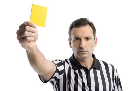 the referee in black holds up a yellow card isolated on background - Powered by Adobe