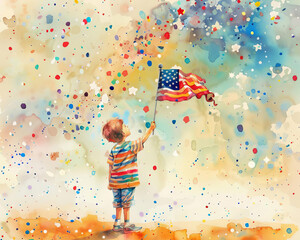Wide-angle view, cute little boy with an American flag, festive celebration scene, watercolor style, vivid colors, smiling faces, balloons, and confetti, playful and heartwarming