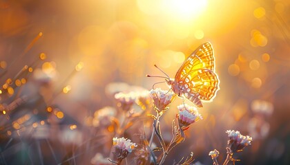 Gentle romantic image of living wildlife, wild grass on a meadow in the summer in the rays of the golden sun, golden butterfly glows in the sun at sunset macro, nature photography, natural light.