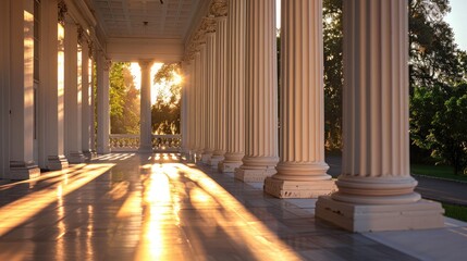 An architectural detail shot of a white mansion's columned porch, emphasizing the shadows and light play during sunset. - Powered by Adobe