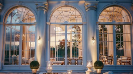 An impressive view of a white mansion's grand ballroom seen from outside, through towering windows that showcase the lavish interior against the twilight backdrop.