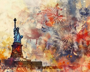 Aerial vision of Independence Day celebrations over the Statue of Liberty