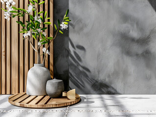 Relaxing minimalist serene interiors with minimal furniture, contrasting tones, natural window lighting and zen inspired.