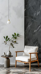 Relaxing minimalist serene interiors with minimal furniture, contrasting tones, natural window lighting and zen inspired.