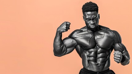 black and white male fitness model with lean muscle making a commanding pose on a peach background