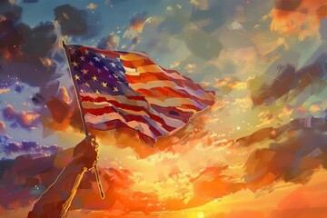 Close-up shot, hands holding an American flag against a vivid sunset, oil painting style, warm tones, patriotic Fourth of July celebration