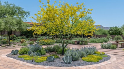  A yellow tree stands at the center of a circular garden The garden features a bench and another tree in the middle Surrounding the central area is a brick-paved path, d