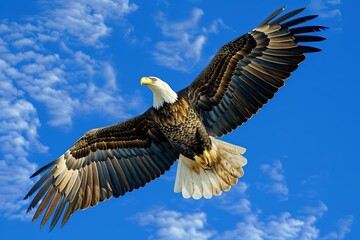 Worms-eye view of a majestic bald eagle soaring against a bright blue sky, its wings spread wide, with an American flag gently waving in the background, photorealistic