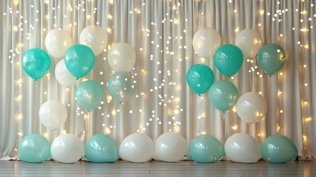 Elegant party backdrop with teal and white balloons and twinkling lights. Perfect for celebrations, weddings, and special events.