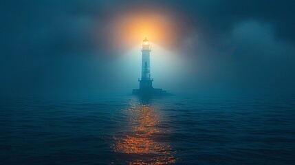 Fototapeta premium A guiding light at night on a dark sea.