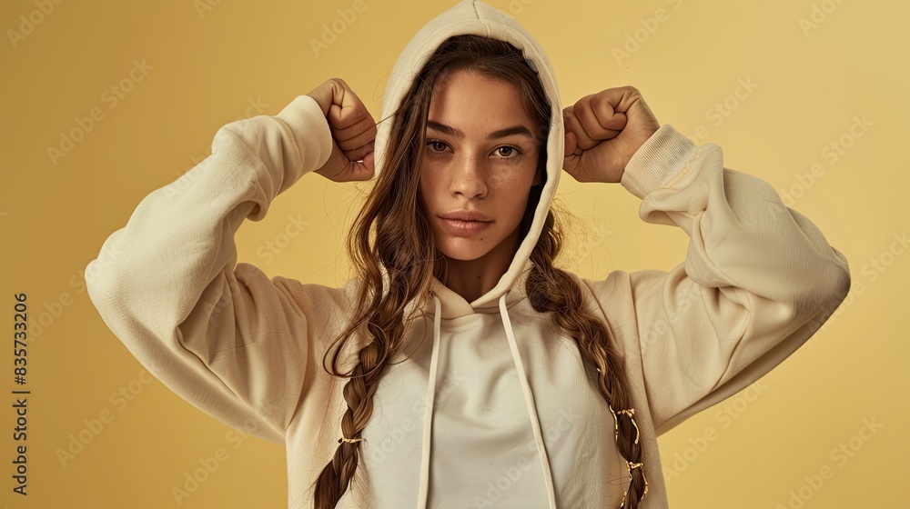 Wall mural Female fitness model in an ivory hoodie showcasing her strength, isolated on an ivory background - Wall murals