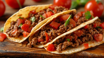  Three tacos on a wooden cutting board, adjacent tomatoes, and a bundle of green leaves nearby on another cutting board next to a mound of tomatoes