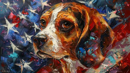 Frontal view, photorealistic beagle dog, proudly draped in the American flag, vibrant fireworks reflecting in its eyes, traditional oil painting style, celebrating 4th of July