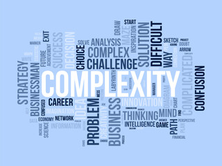 Complexity word cloud template. Confusion decisions concept vector tagcloud background.