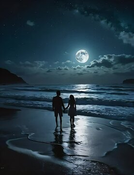 A serene night scene featuring a couple holding hands, silhouetted against the beach, with a big moon illuminating the sky.