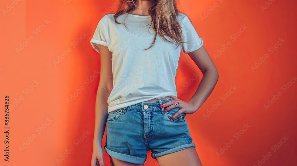Wall mural Female fitness model in a casual white t-shirt with blue denim shorts, isolated on a tangerine background - Wall murals