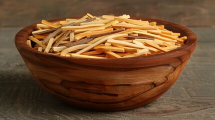 Fototapeta premium A tight shot of a wooden bowl filled with food on a table, its surface adorned with a wood grain pattern The bowl's side displays intricate wood grain detailing A