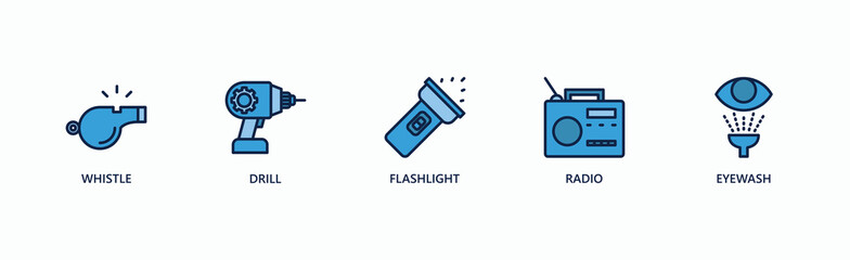 Essentials Banner Web Icon Vector Illustration Concept With Whistle, Drill, Flashlight, Radio, Eyewash