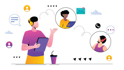 Group of people talking and thinking, concept illustration. Group of people talking and thinking, friends with speech bubbles, vector flat illustration