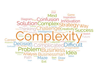 Complexity word cloud template. Confusion decisions concept vector tagcloud background.