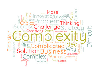 Complexity word cloud template. Confusion decisions concept vector tagcloud background.