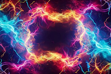 An electrifying square neon border composed of psychedelic electricity, ideal for framing photos on a music magazine cover. The border features vivid, swirling neon colors and electric currents,