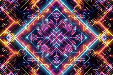 A mesmerizing neon pattern featuring intricate geometric shapes and vibrant colors. The pattern glows brightly against a dark background, creating a striking and dynamic visual effect