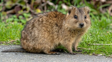 A close-up of a small rodent on the ground Behind it, the grassy field stretches out with a slightly blurred backdrop of bushes and grass