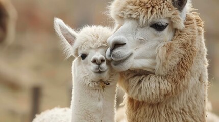 Naklejka premium Adorable Baby Alpaca with its Mother