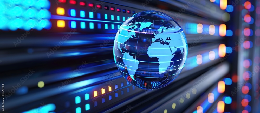Poster Connections system on world icon on server background 3D rendering.
