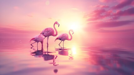  Three flamingos stand in the water as the sun sets, the sky's reflection merging with the mirror-like surface