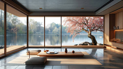 Natural blue shade living room of a house resort by lake cherry blossom