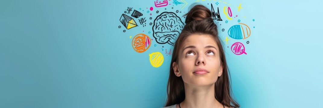 A creative young woman is skillfully brainstorming ideas with illustrations, showcasing innovative concepts. Her artistic approach evokes positivity and vision for future development