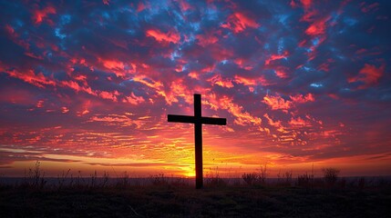 A cross silhouetted against a vibrant sunset, representing sacrifice and redemption