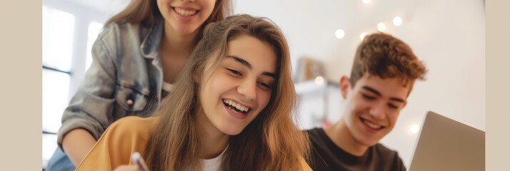 Students collaborate on projects, study, and engage in teamwork using laptops, aiming for academic success. They embrace modern education, interactive learning, and positive peer support