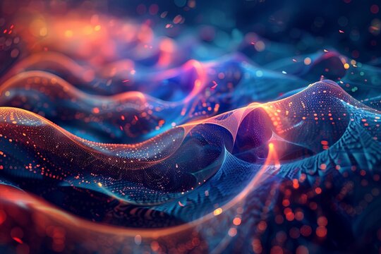 A visually stunning stock photo showcasing a 3D spectrogram with creative design elements inspired by mathematical themes. The spectrogram features intricate patterns and shapes that evoke a sense of